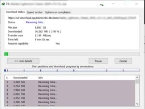 A screenshot of a downloading interface of IDM  displaying the current download speed and other relevant information.