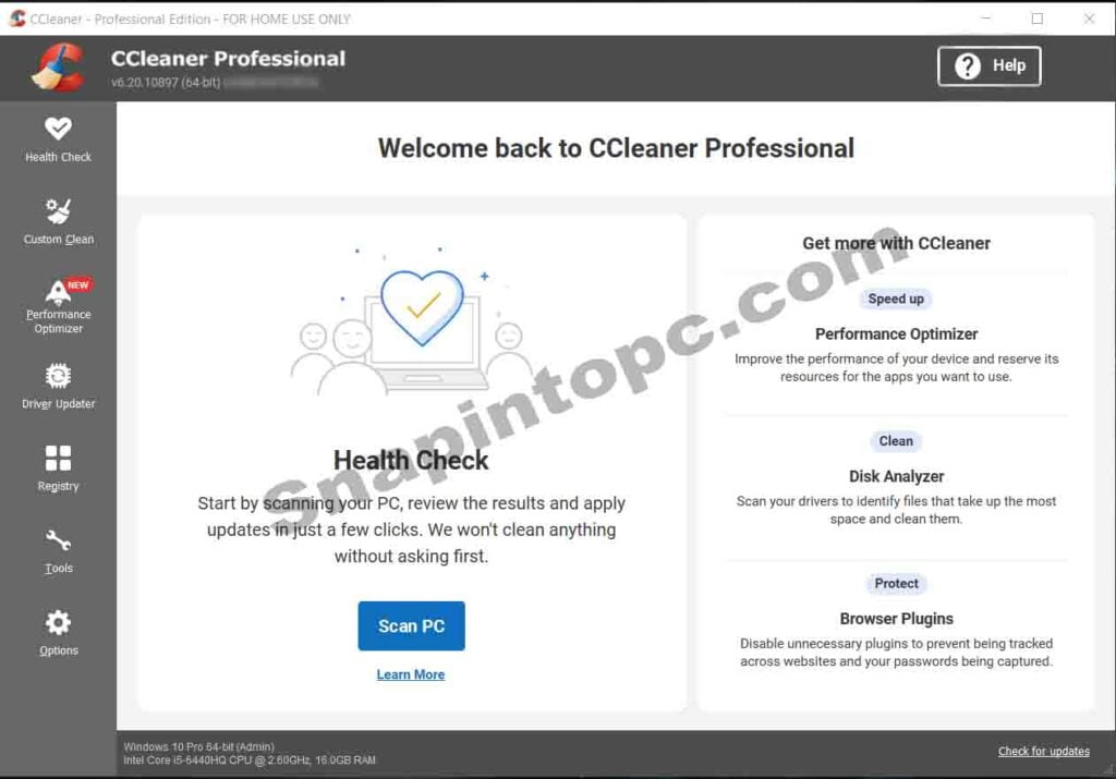 screenshot of ccleaner professional plus interface