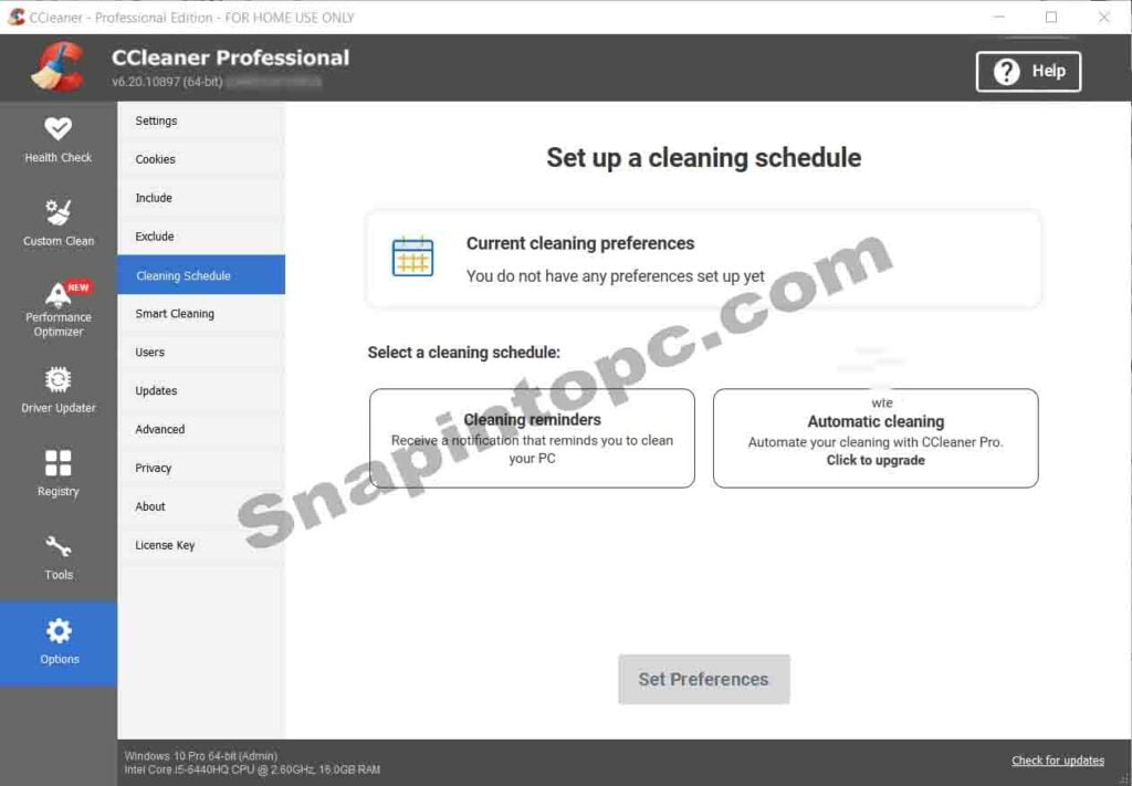 screenshot of ccleaner professional plus  Scheduled Cleanings interface