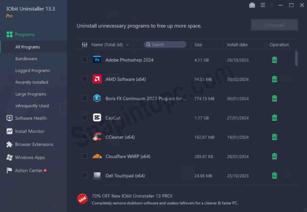 IObit Uninstaller Pro User interface and ready to uninstall unwanted files